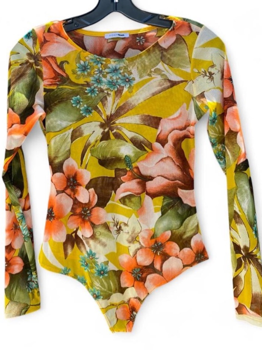 Floral Long-Sleeve One-Piece Bodysuit in Mustard and Peach